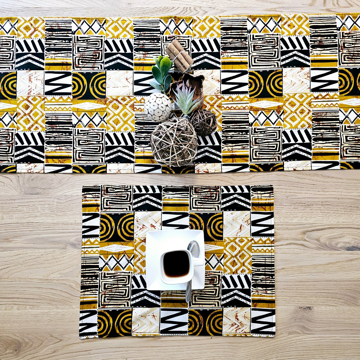 Handmade Table Runner and Set of 8 Placemats | African Print "Mudcloth" Bogolan Inspired Print Made from 100% African Print Fabric