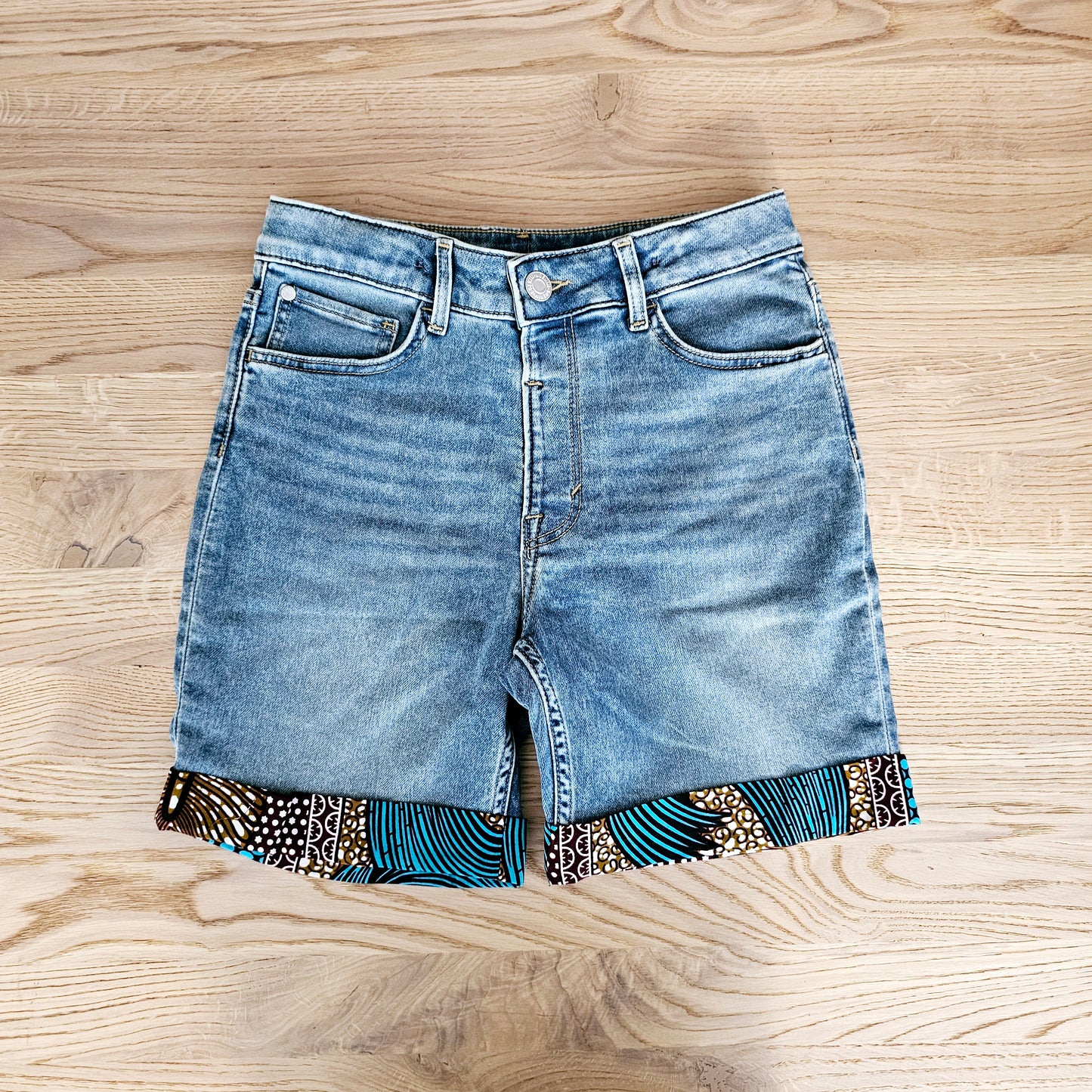 Unisex Denim Shorts with African Print Detail.