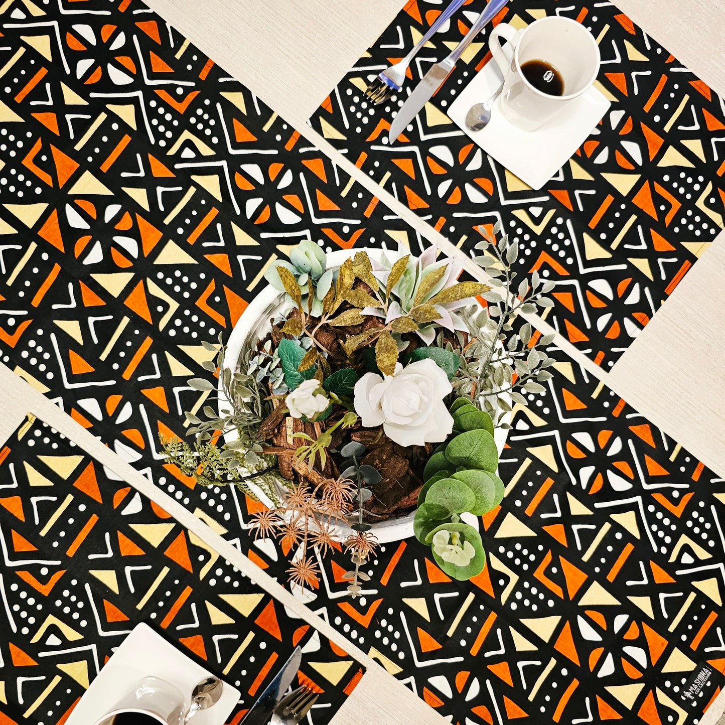 Handmade Table Runner and Set of 4 Placemats | African Print "Mudcloth" Bogolan Inspired Print Made from 100% African Print Fabric