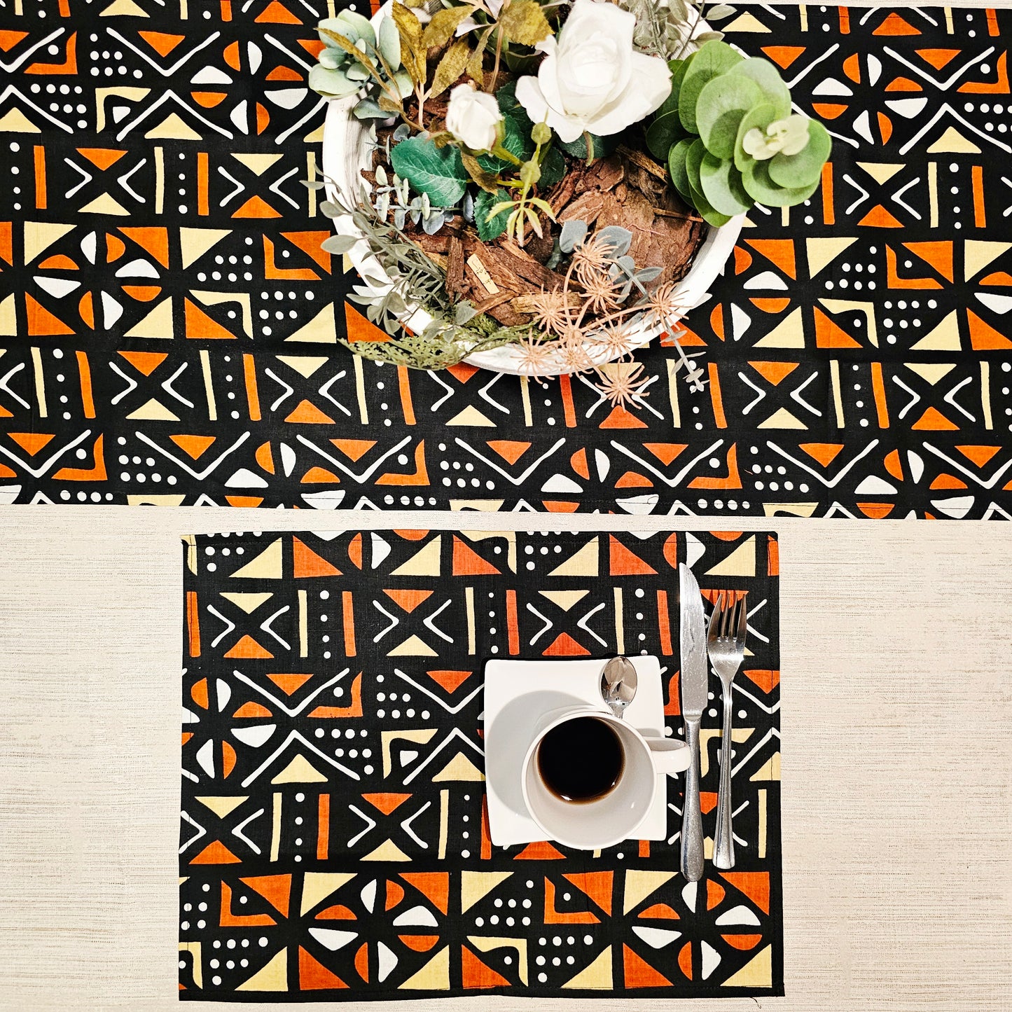 Handmade Table Runner and Set of 4 Placemats | African Print "Mudcloth" Bogolan Inspired Print Made from 100% African Print Fabric