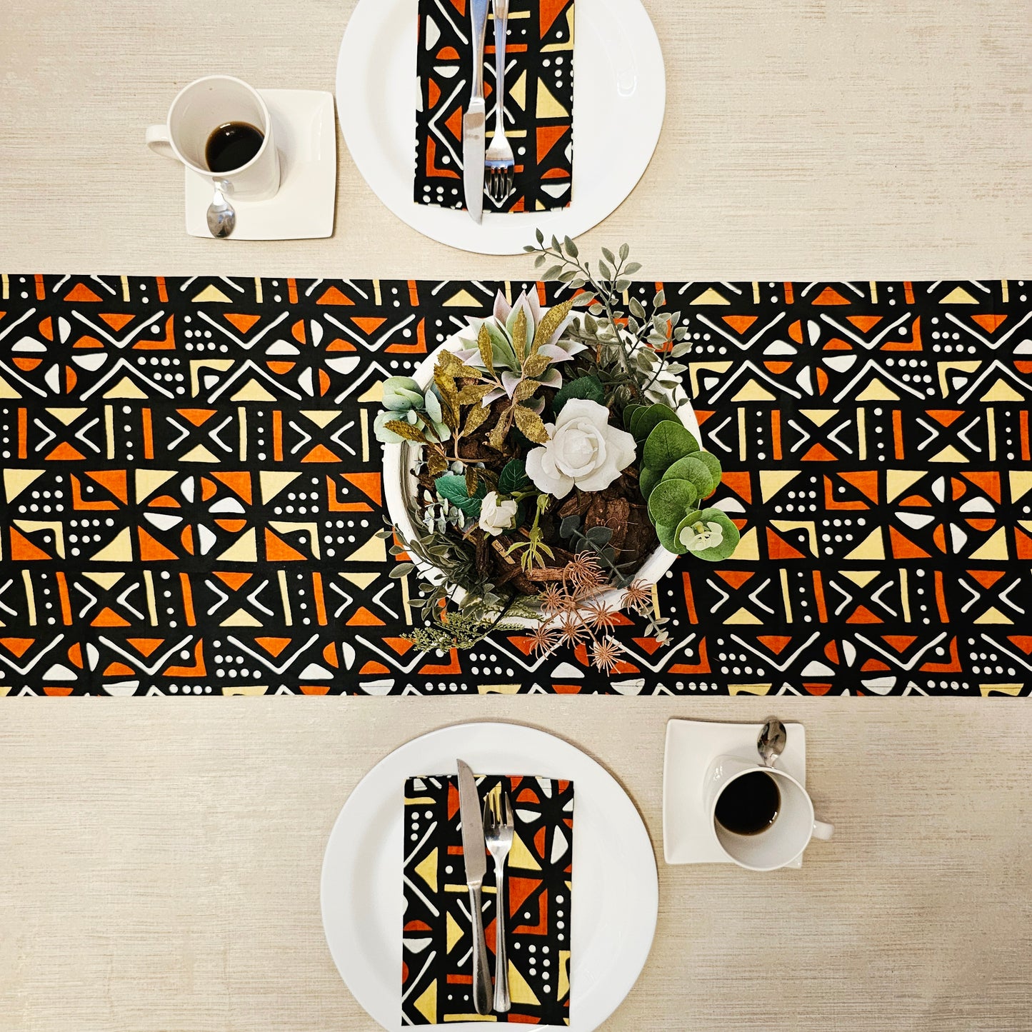 Handmade Table Runner and Set of 8 Napkins | African Print "Mudcloth" Bogolan Inspired Print Made from 100% African Print Fabric