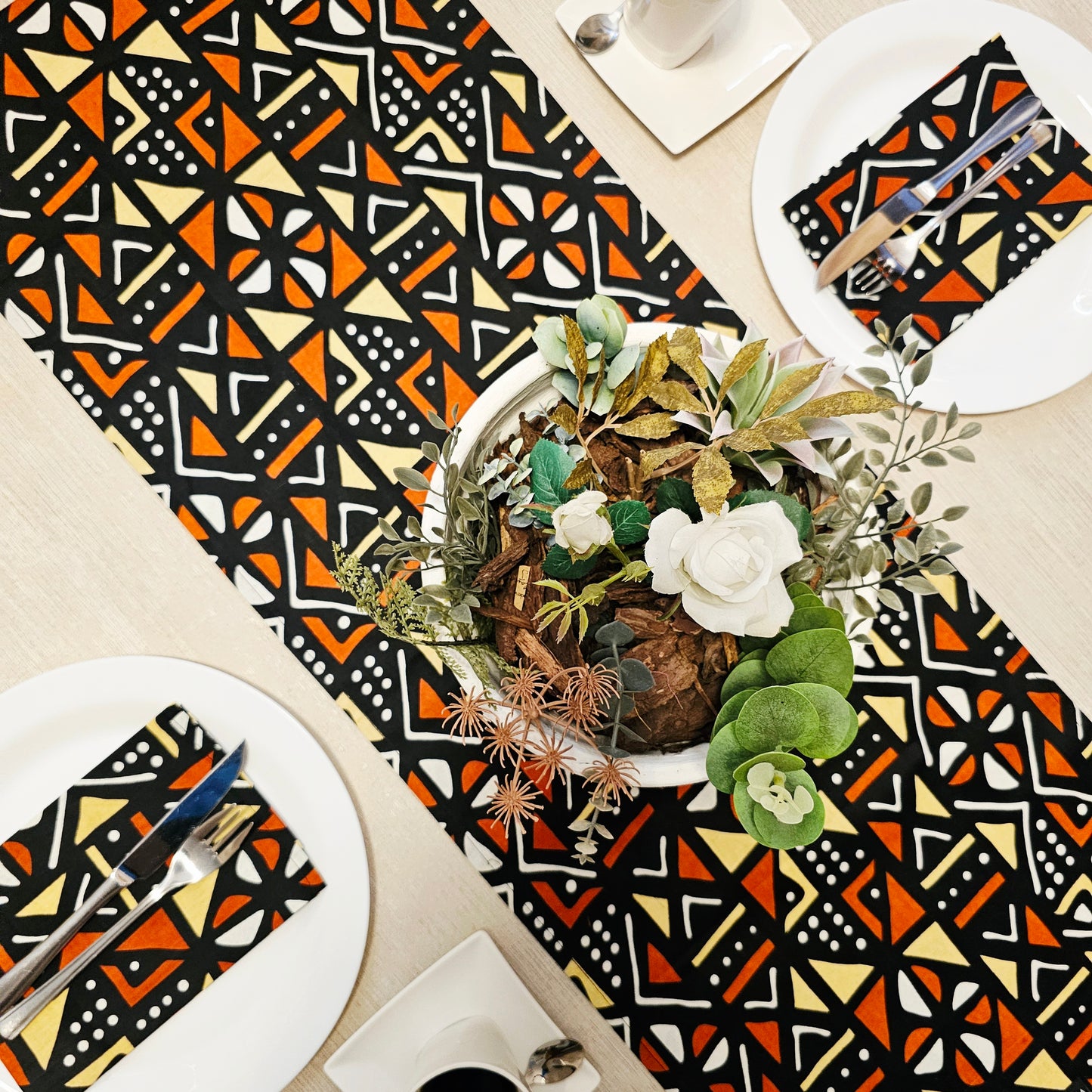 Handmade Table Runner and Set of 8 Napkins | African Print "Mudcloth" Bogolan Inspired Print Made from 100% African Print Fabric