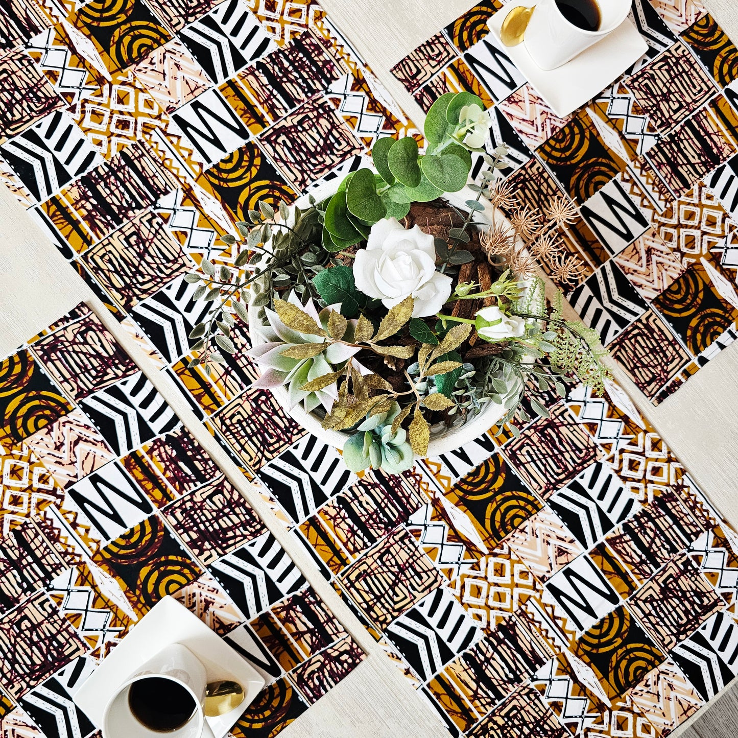 Handmade Table Runner and Set of 4 Placemats | African Print "Mudcloth" Bogolan Inspired Print Made from 100% African Print Fabric
