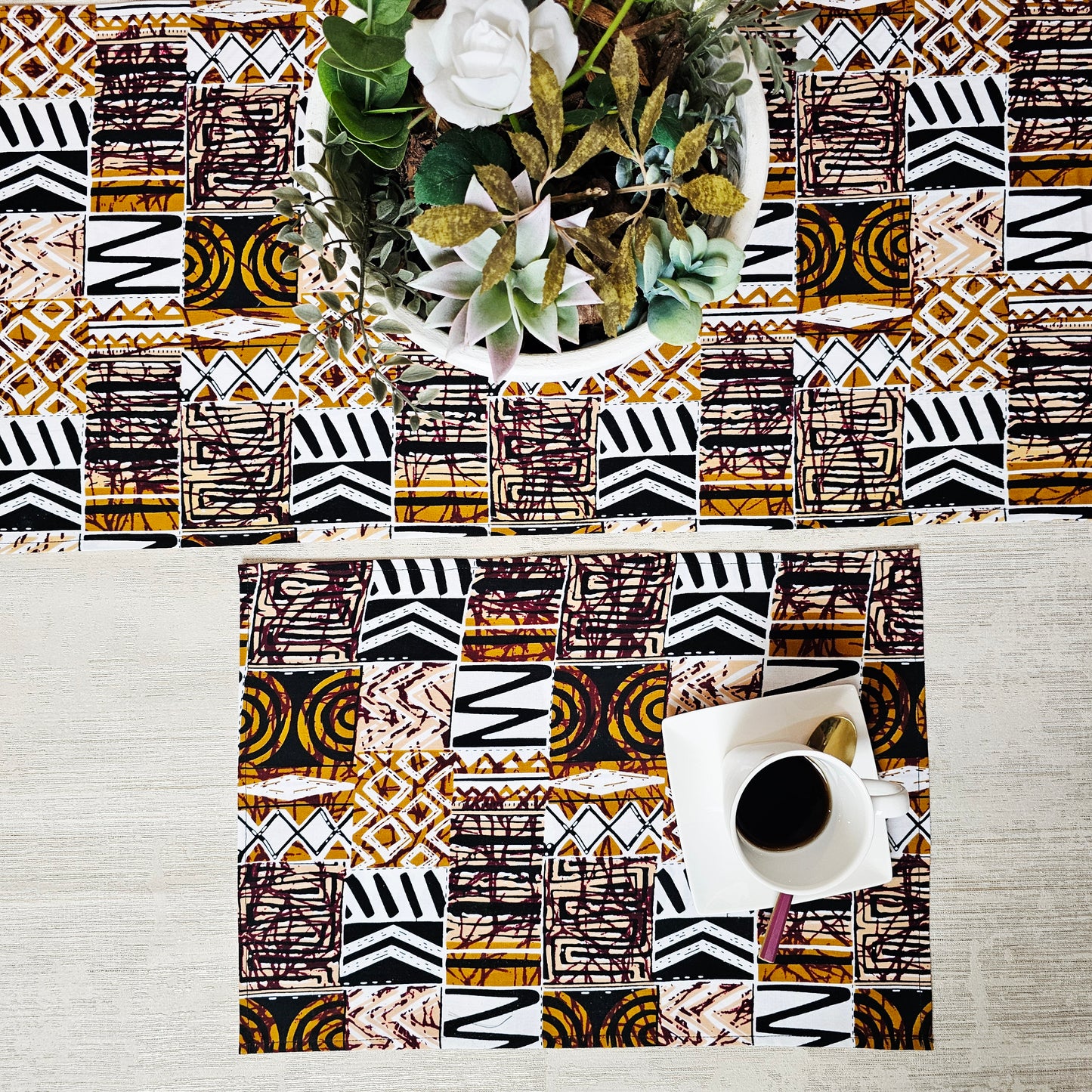 Handmade Table Runner and Set of 4 Placemats | African Print "Mudcloth" Bogolan Inspired Print Made from 100% African Print Fabric