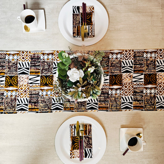 Handmade Table Runner and Set of 8 Napkins | African Print "Mudcloth" Bogolan Inspired Print Made from 100% African Print Fabric