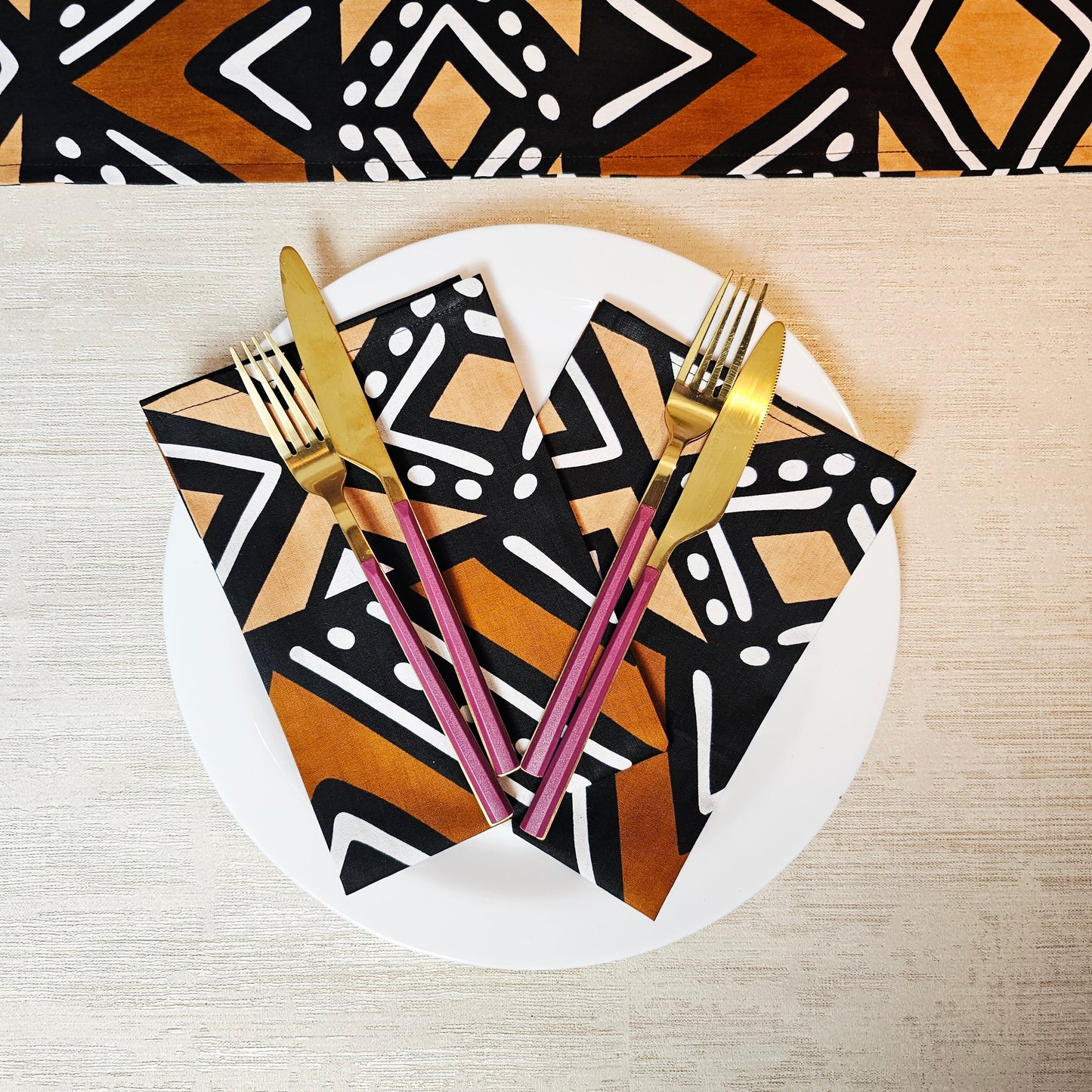 Handmade Table Runner and Set of 8 Napkins | African Print "Mudcloth" Bogolan Inspired Print Made from 100% African Print Fabric