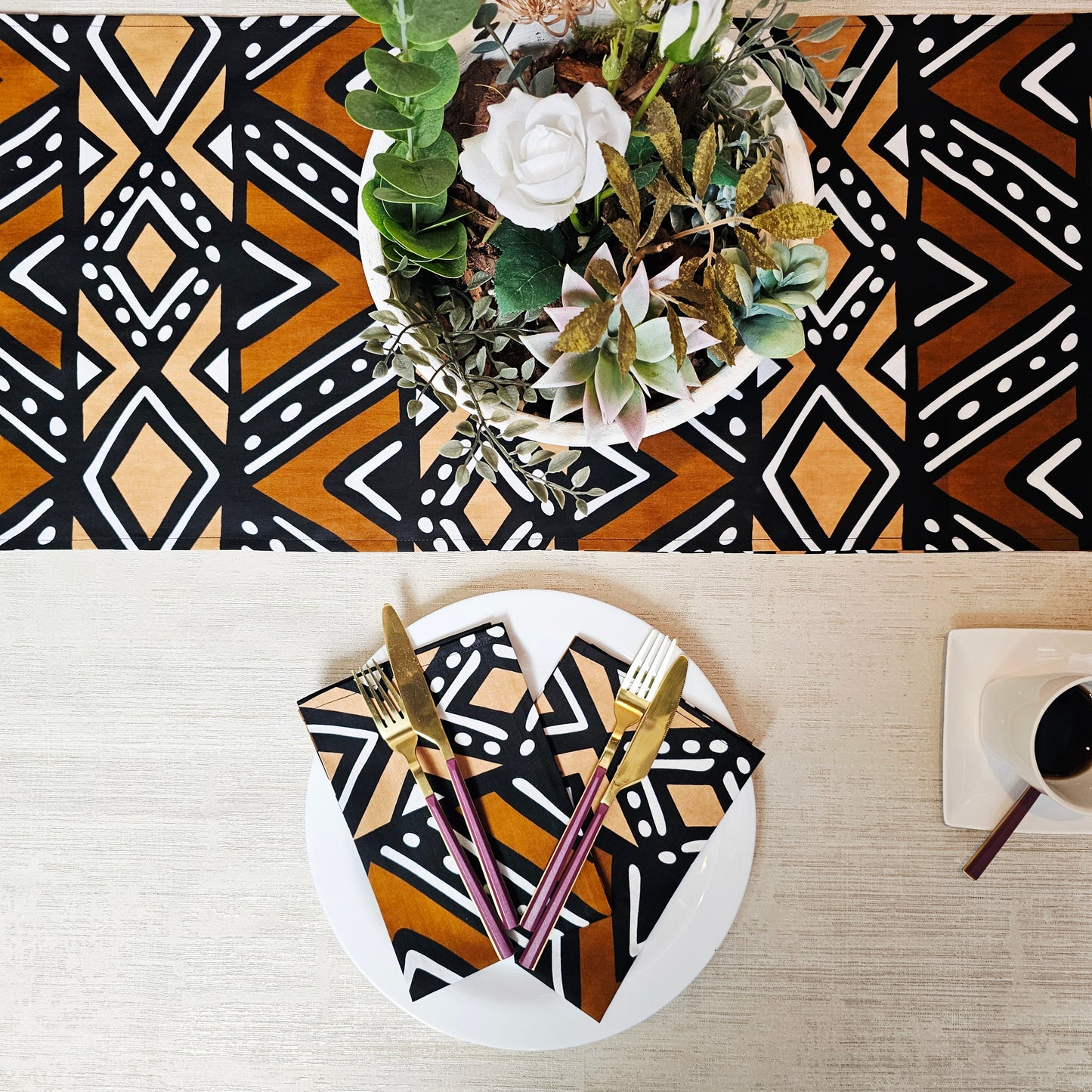 Handmade Table Runner and Set of 8 Napkins | African Print "Mudcloth" Bogolan Inspired Print Made from 100% African Print Fabric