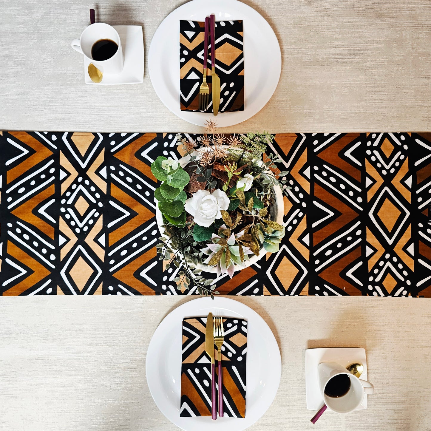 Handmade Table Runner and Set of 8 Napkins | African Print "Mudcloth" Bogolan Inspired Print Made from 100% African Print Fabric