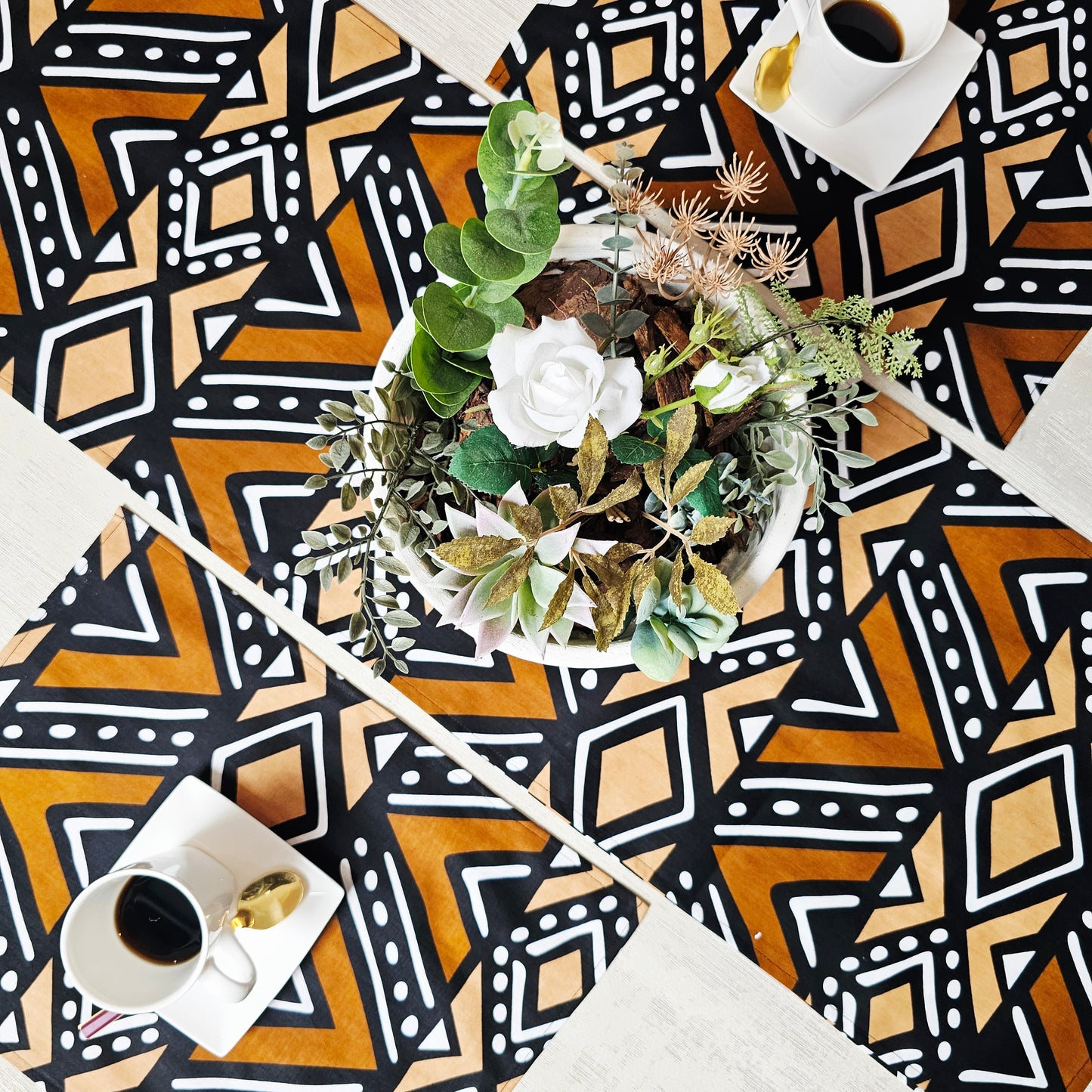 Handmade Table Runner and Set of 4 Placemats | African Print "Mudcloth" Bogolan Inspired Print Made from 100% African Print Fabric (Copy)