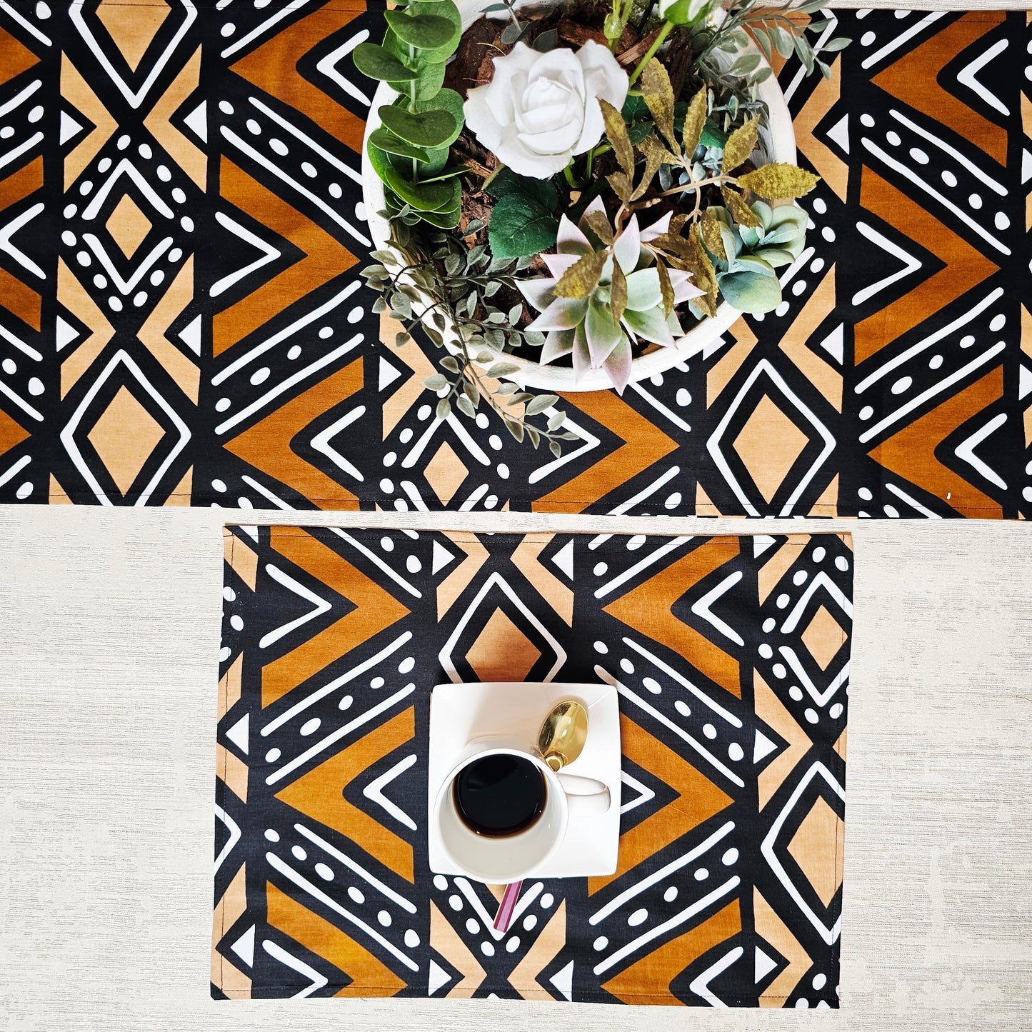 Handmade Table Runner and Set of 4 Placemats | African Print "Mudcloth" Bogolan Inspired Print Made from 100% African Print Fabric (Copy)