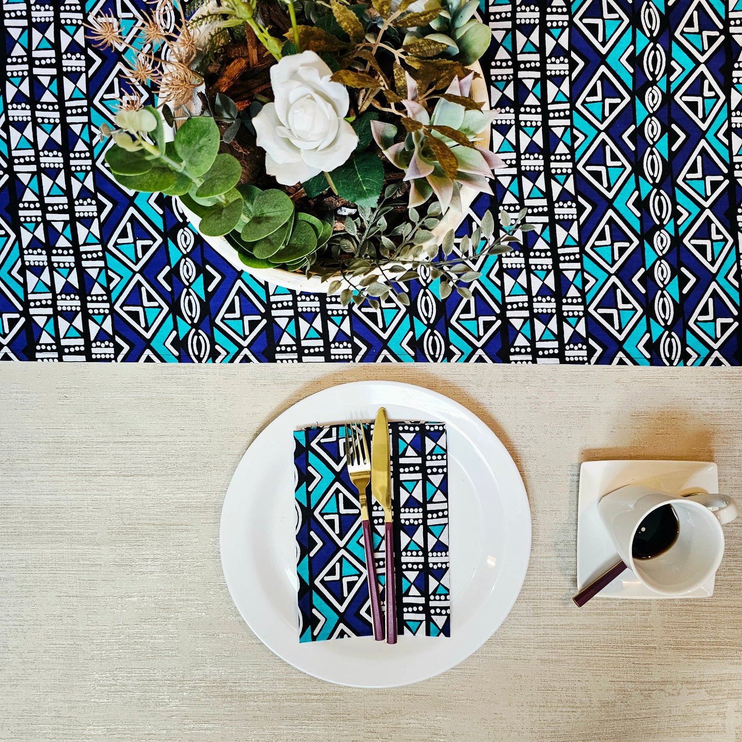 Handmade Table Runner and Set of 8 Napkins | African Print "Mudcloth" Bogolan Inspired Print Made from 100% African Print Fabric (Copy)
