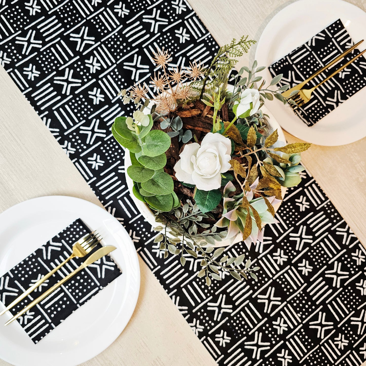 Handmade Table Runner and Set of 8 Napkins | African Print "Mudcloth" Bogolan Inspired Print Made from 100% African Print Fabric (Copy)