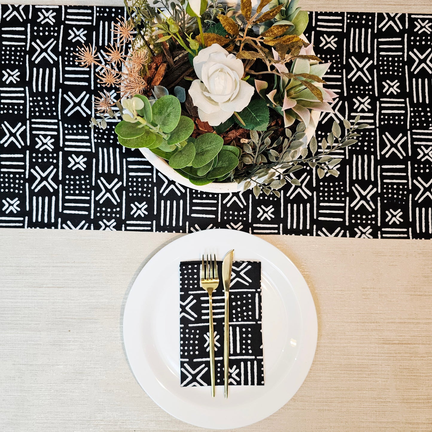 Handmade Table Runner and Set of 8 Napkins | African Print "Mudcloth" Bogolan Inspired Print Made from 100% African Print Fabric (Copy)