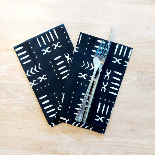 Set of 4 Napkins | 35x35cm | Black Mudcloth Print, Ankara Wax, 100% Cotton