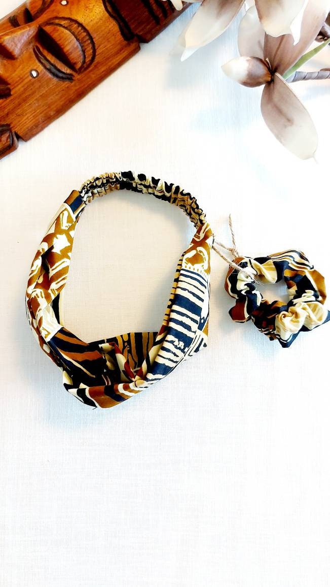 Ethnic Geometric Print Turban Headband and scrunchie set