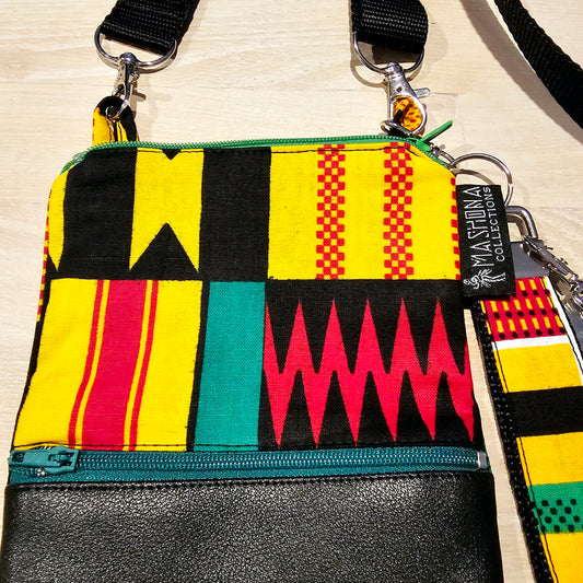 Handmade Phone Bag and Keyfob Set | African Ankara Print Fabric | Vegan Leather Detail | Adjustable Shoulder Strap