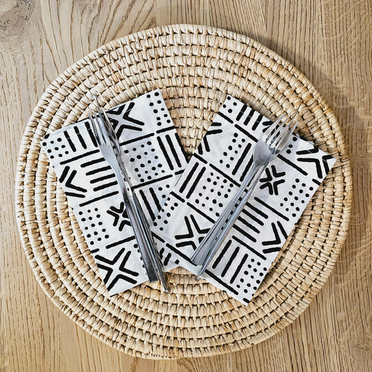Set of 4 | 8 Napkins | 40x40cm | Black Mudcloth Print, Ankara Wax, 100% Cotton