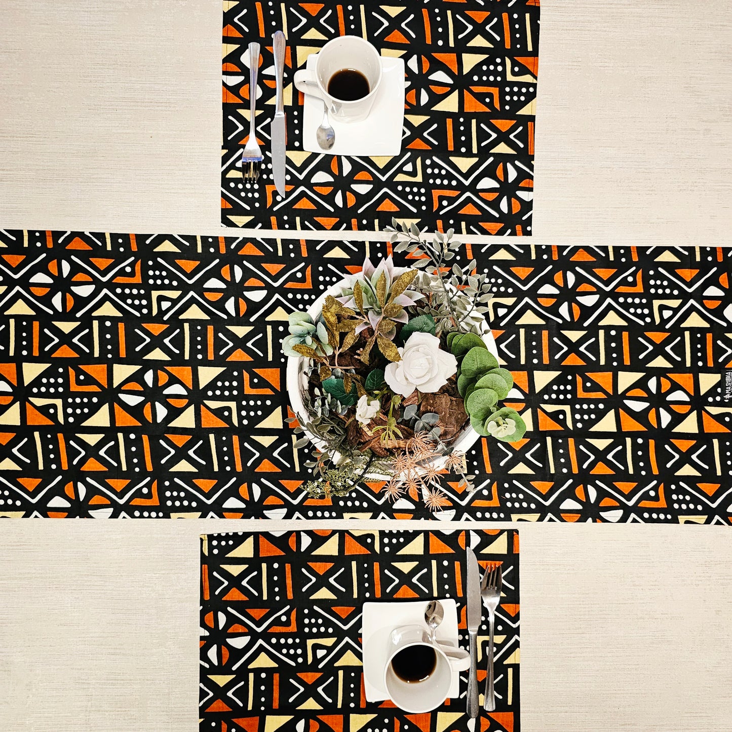 Handmade Table Runner and Set of 4 Placemats | African Print "Mudcloth" Bogolan Inspired Print Made from 100% African Print Fabric