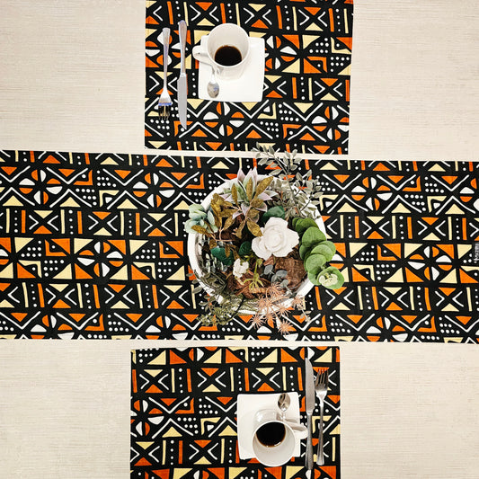 Handmade Table Runner and Set of 4 Placemats | African Print "Mudcloth" Bogolan Inspired Print Made from 100% African Print Fabric