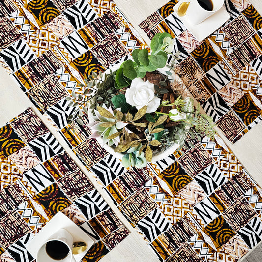 Handmade Table Runner and Set of 4 Placemats | African Print "Mudcloth" Bogolan Inspired Print Made from 100% African Print Fabric
