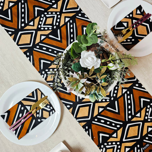 Handmade Table Runner and Set of 8 Napkins | African Print "Mudcloth" Bogolan Inspired Print Made from 100% African Print Fabric