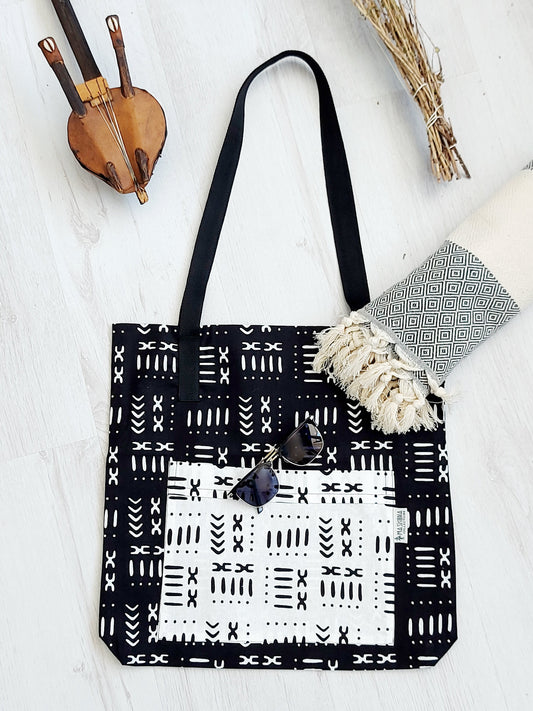 Handmade African Print Tote Bag | Beach Bag | Shopping Bag | Mudcloth Print